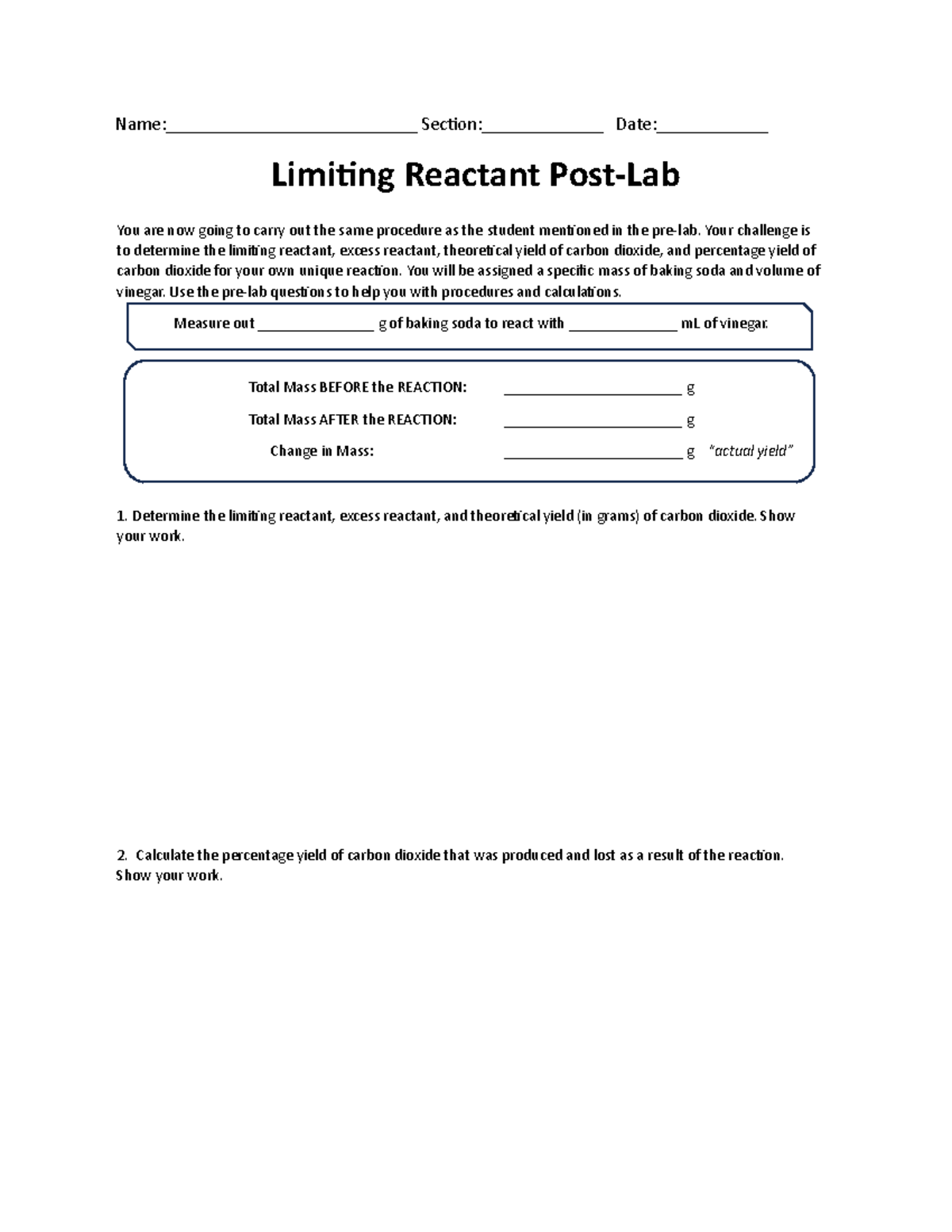 Limiting reactant Post-Lab - Name:___________________________ Sec*on ...