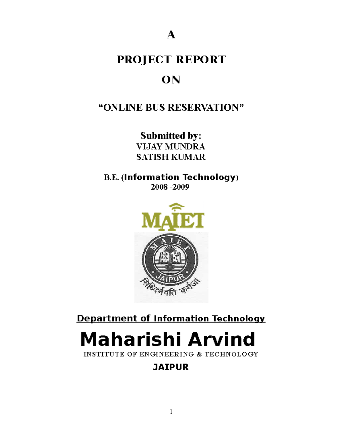 Online BUS Reservation System Project Report GOOD ONE - A PROJECT ...