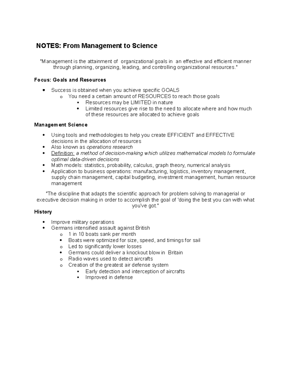 Mgt Science Notes - NOTES: From Management to Science "Management is ...