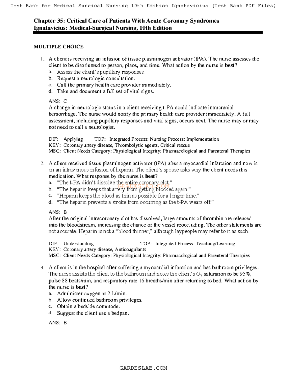 Chapter 35 notes - G R A D E S L A B. C O M Chapter 35: Critical Care ...