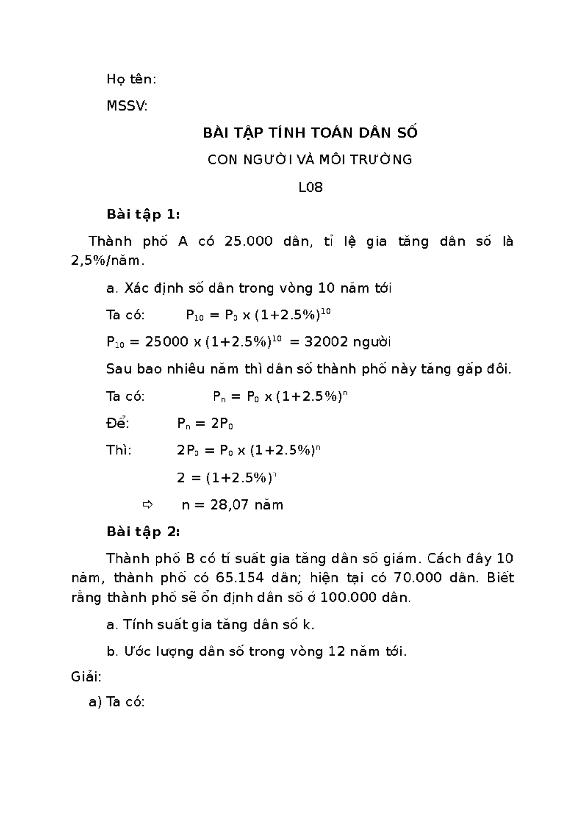 BT Tính Toán Dân Số - Đây Là BTL Cua Rminhf - Họ Tên: MSSV: BÀI TẬP ...