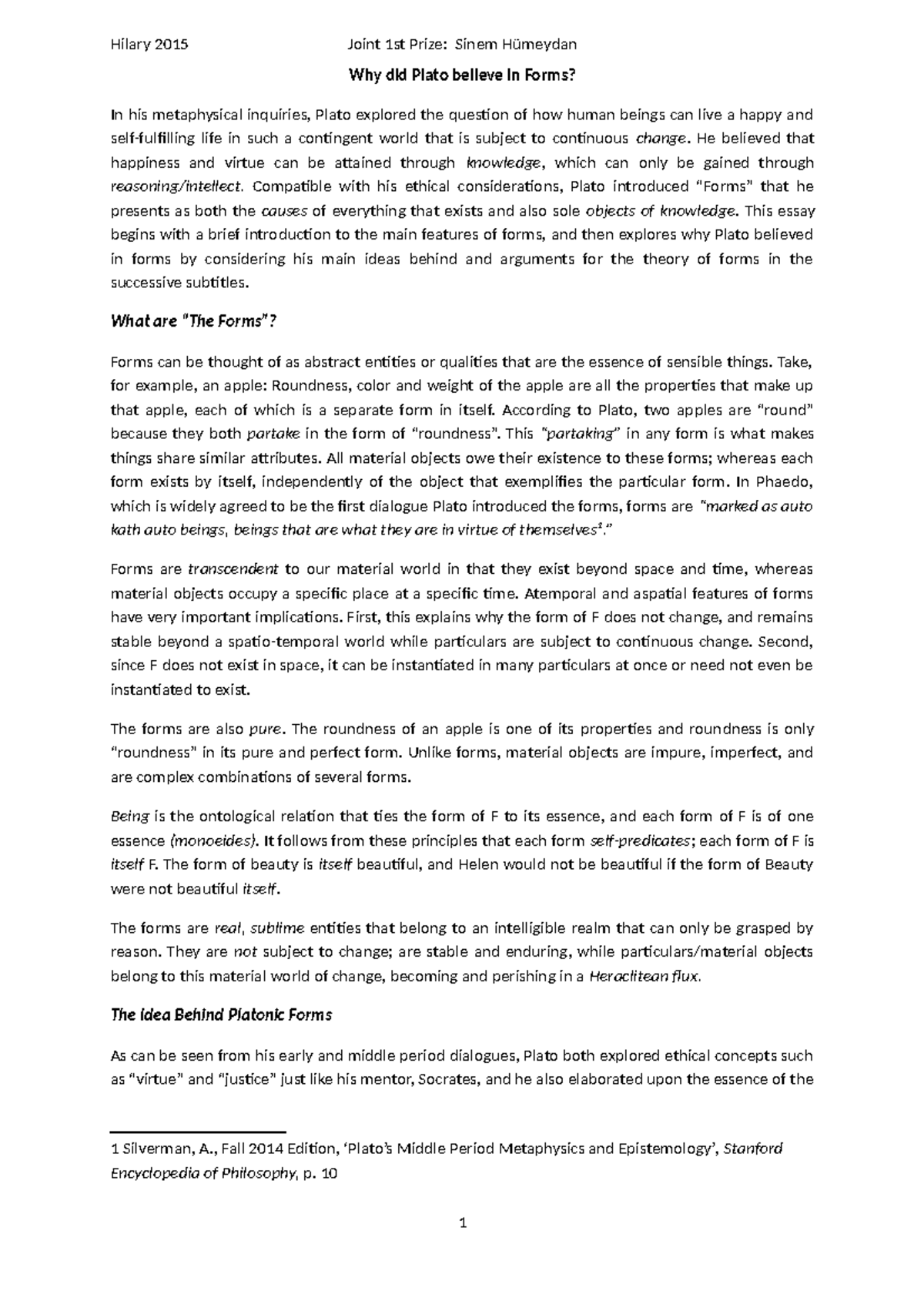 Plato's theory of form 2 - Hilary 2015 Joint 1st Prize: Sinem Hümeydan ...