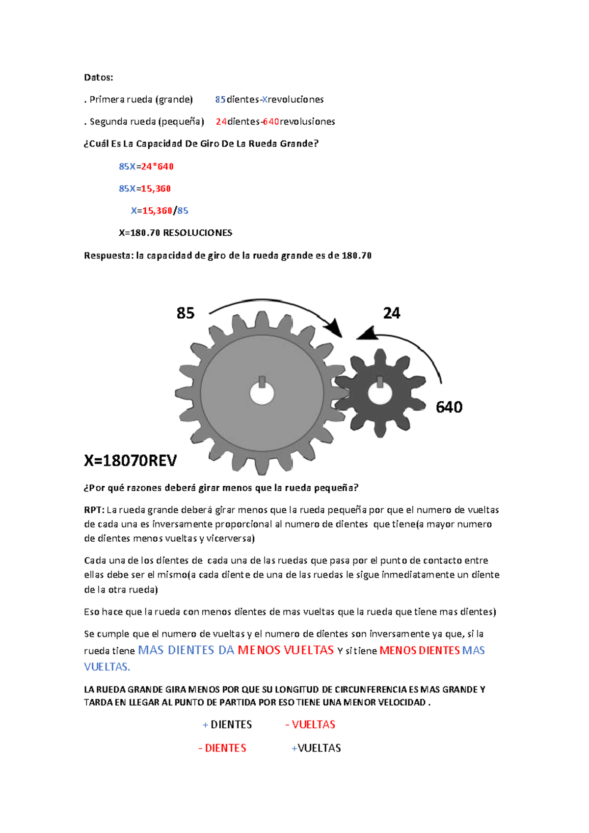 Entregable 2 Matematica - Datos: . Primera rueda (grande) 85 dientes ...