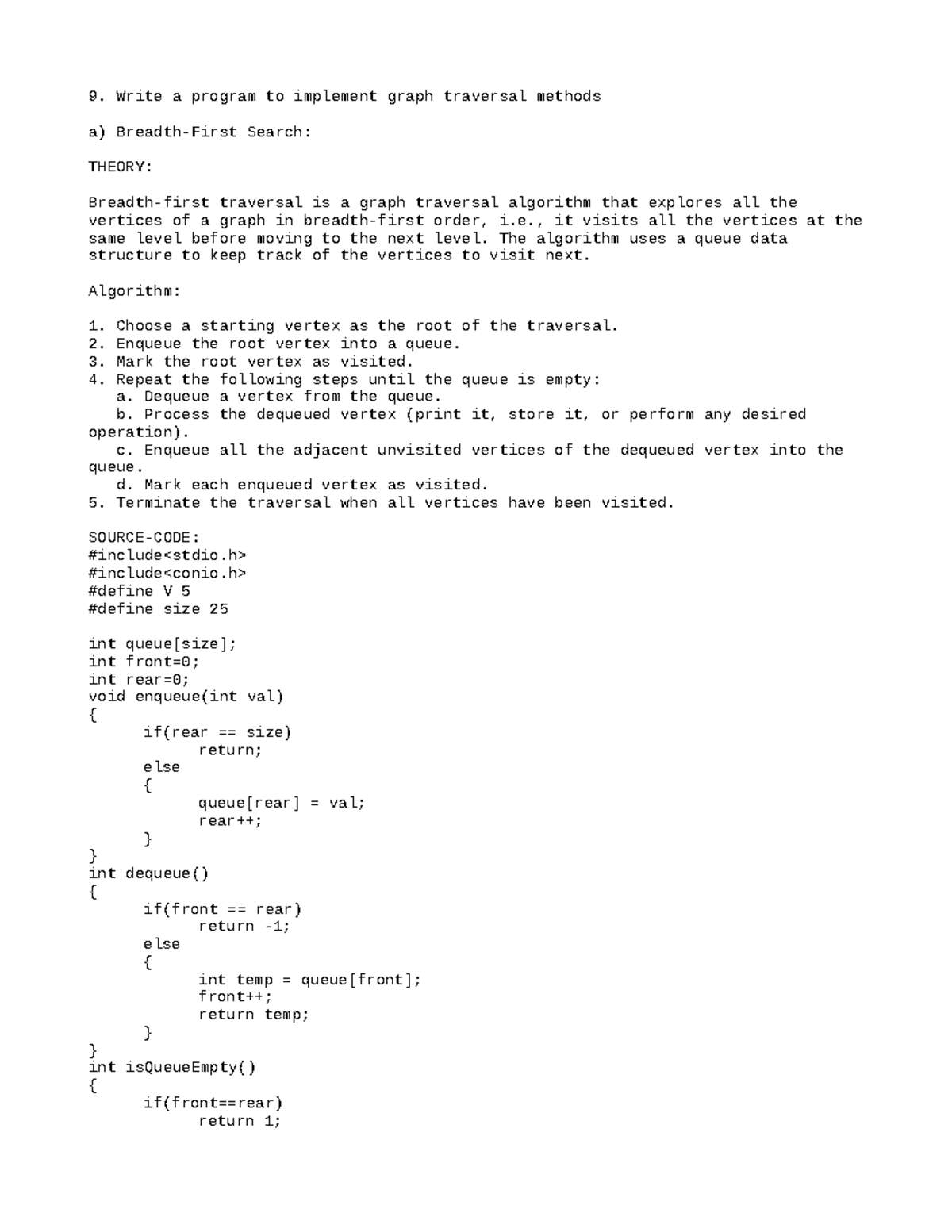 9. Graph Traversal MethodssFD - Write a program to implement graph ...
