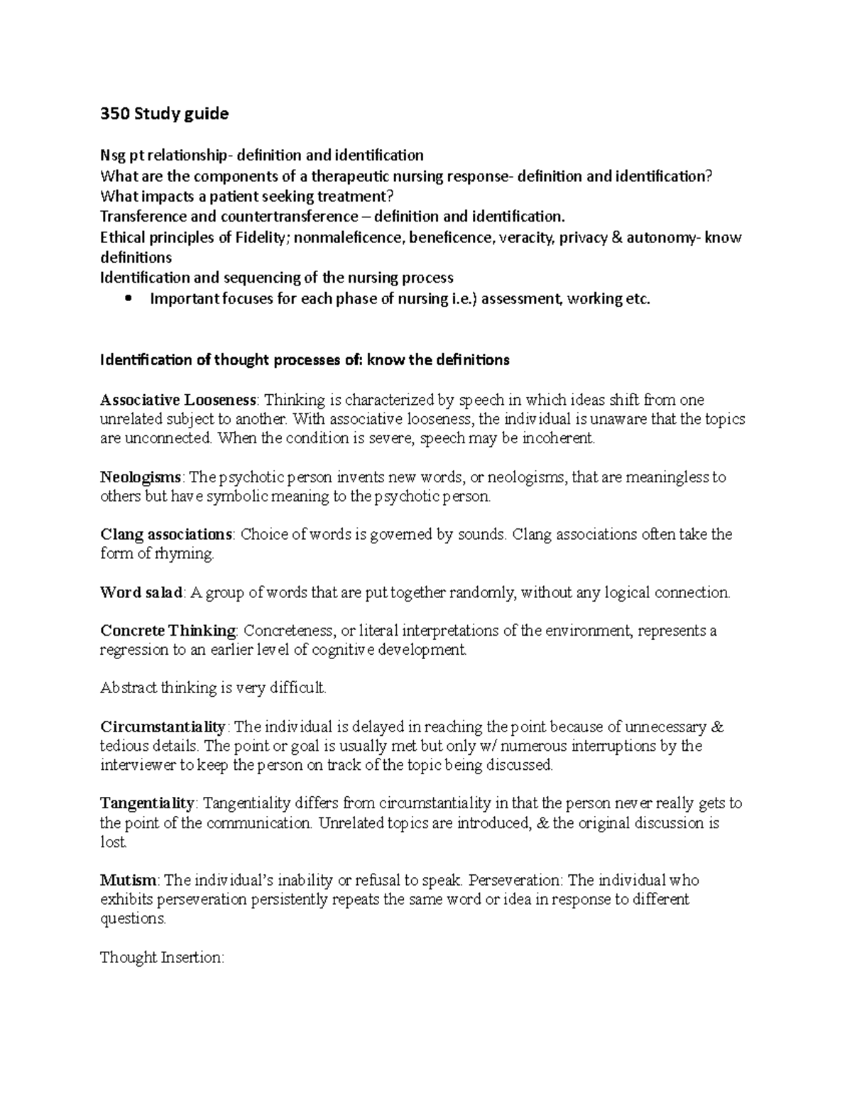 Mental Health Exam Notes 0107 350 Study guide Nsg pt relationship