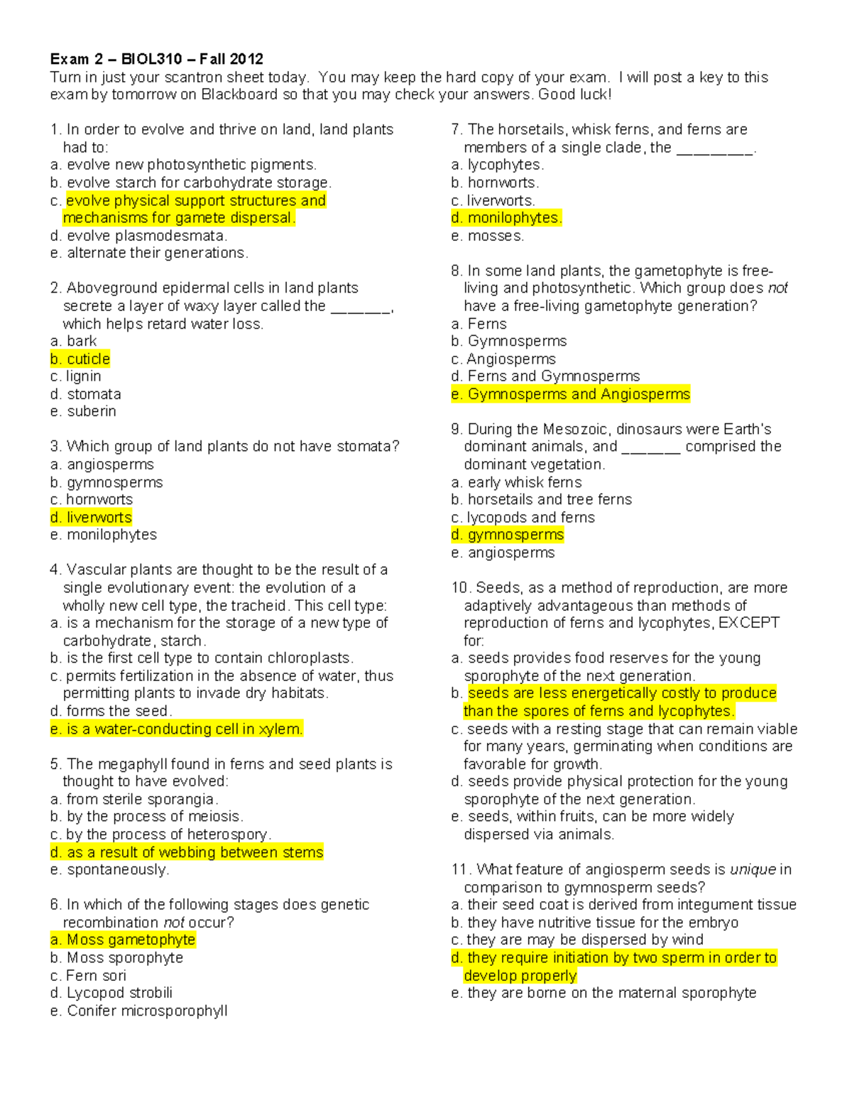 Exam2 110412 KEY - Exam 2 BIOL310 Fall 2012 Turn in just your scantron ...