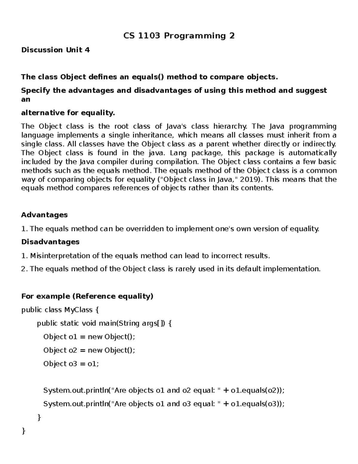 Discussion Unit 4 - Programming 2 (CS 1103) - CS 1103 Programming 2 Discussion Unit 4 The Class ...