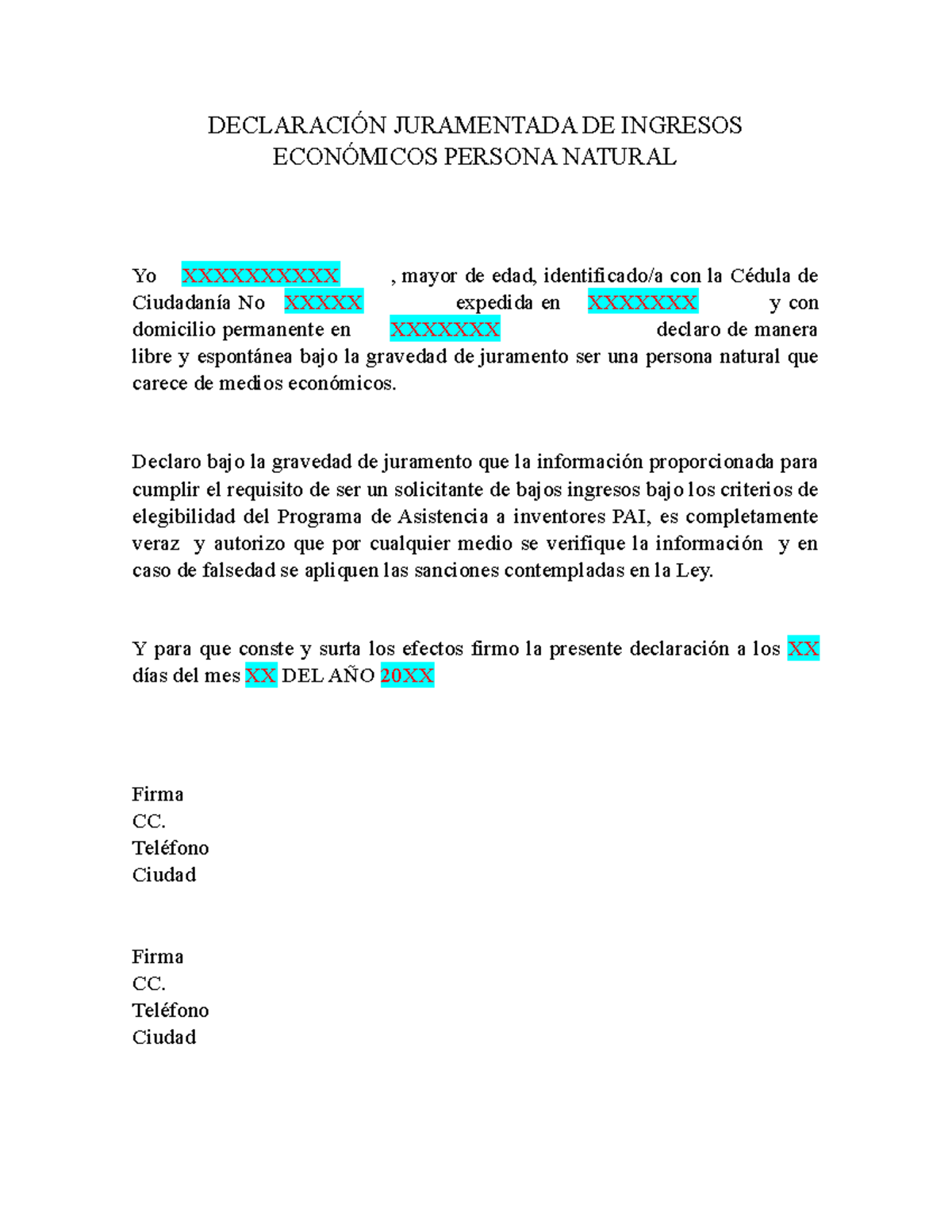 Ejemplo Declaración Juramentada Pai 1 DeclaraciÓn Juramentada De Ingresos EconÓmicos Persona