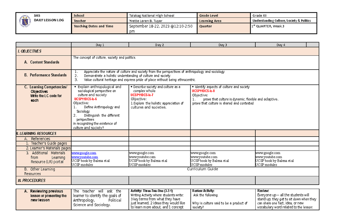 UCSP Week 3 - DLL In UCSP - SHS DAILY LESSON LOG School Talakag ...