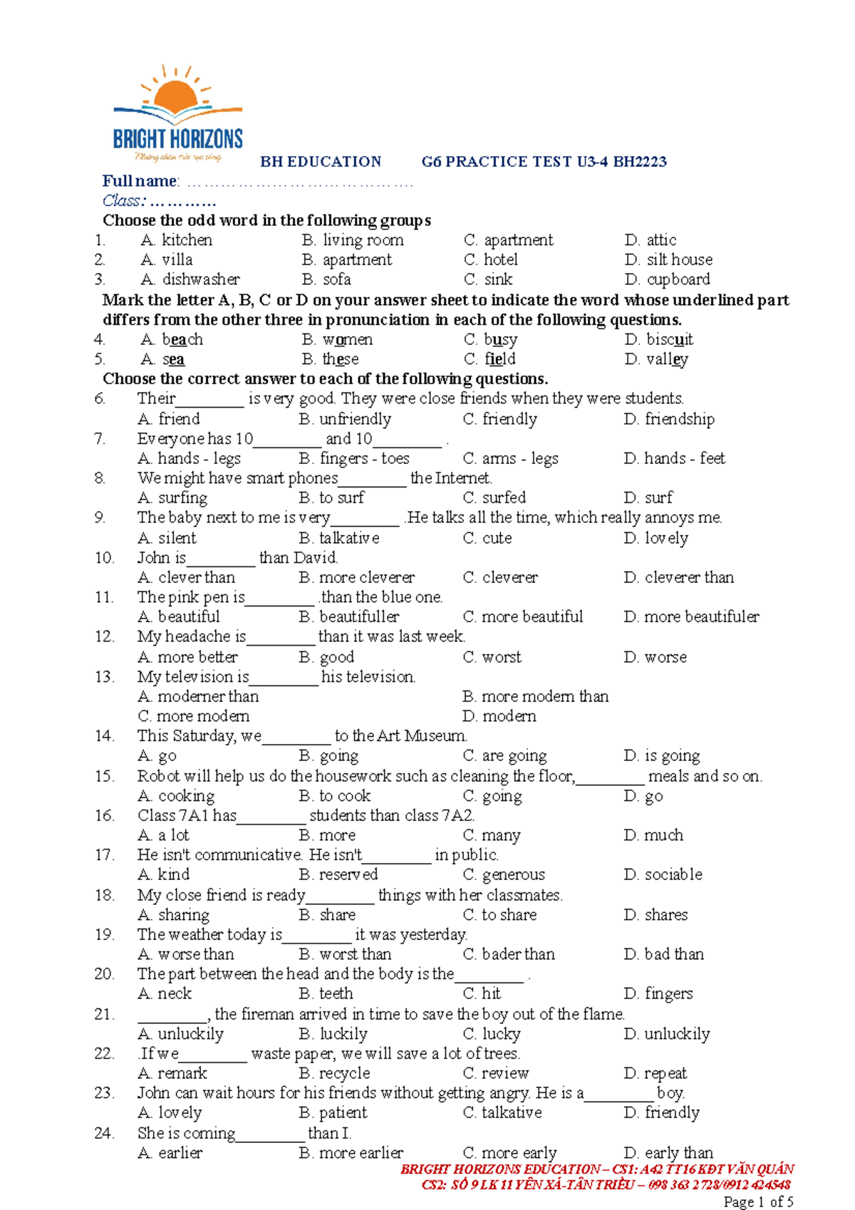 G6 Practice TEST U3-4 BH2223 - BH EDUCATION G6 PRACTICE TEST U3-4 BH ...