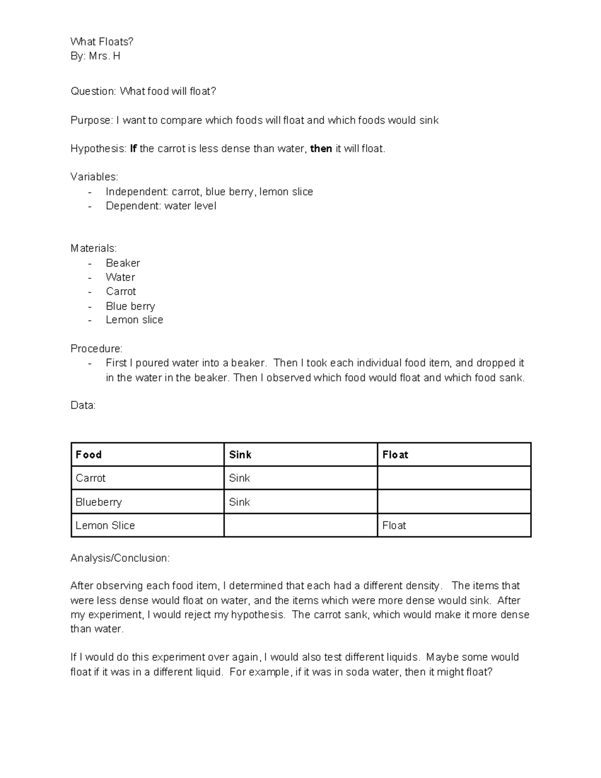 Sample Chemistry Experiment Lab Report What Floats? By Mrs. H