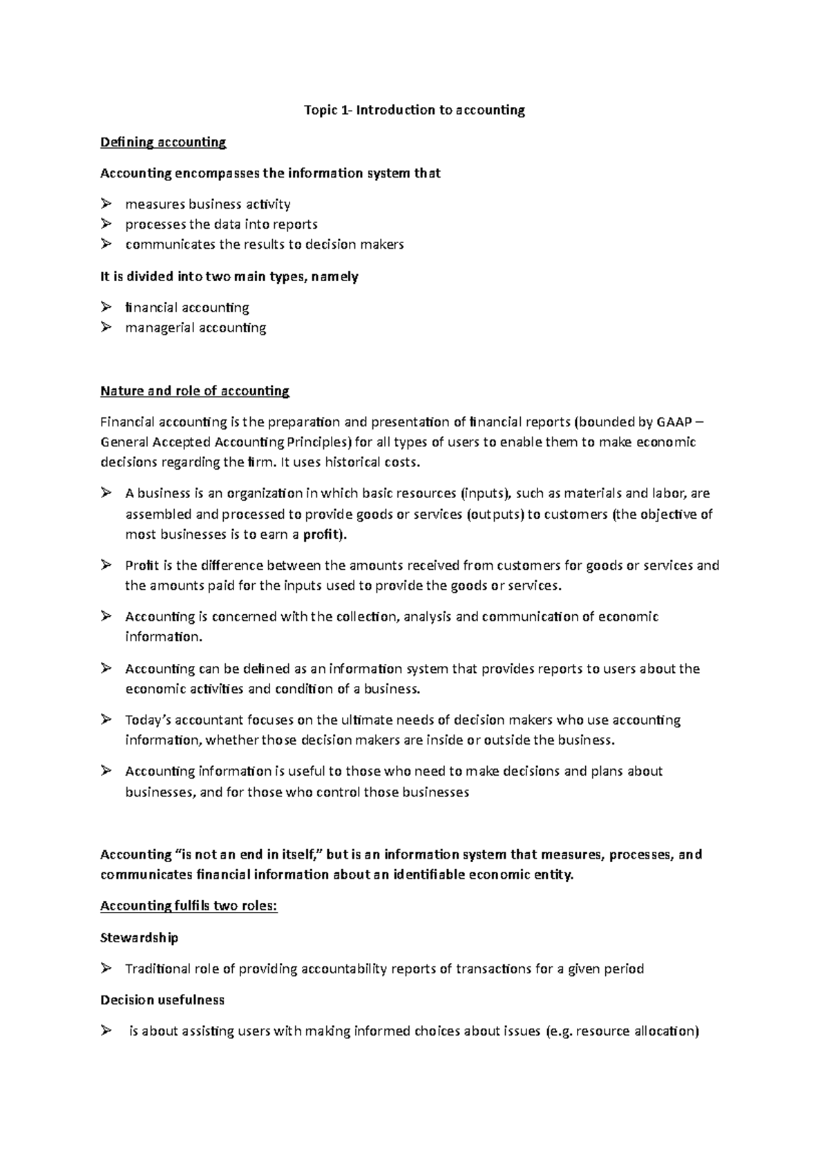 Topic 1 week 1 Introduction to accounting (define accounting etc ...