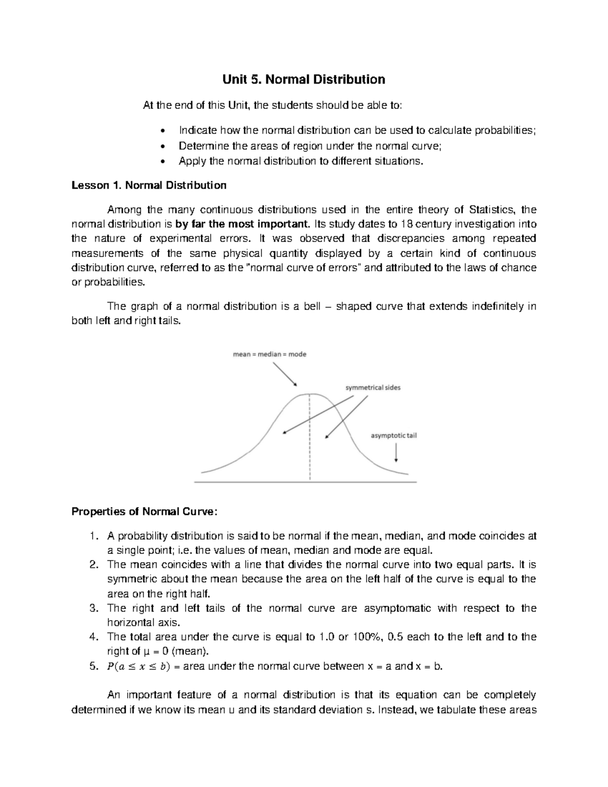 Unit 5 - Unit 5. Normal Distribution At the end of this Unit, the ...