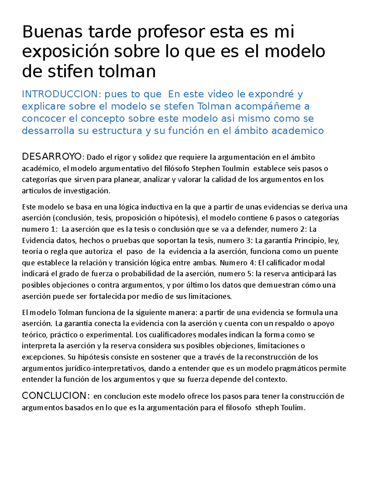 Ensayo modelo de toulmin - Buenas tarde profesor esta es mi exposición  sobre lo que es el modelo de - Studocu