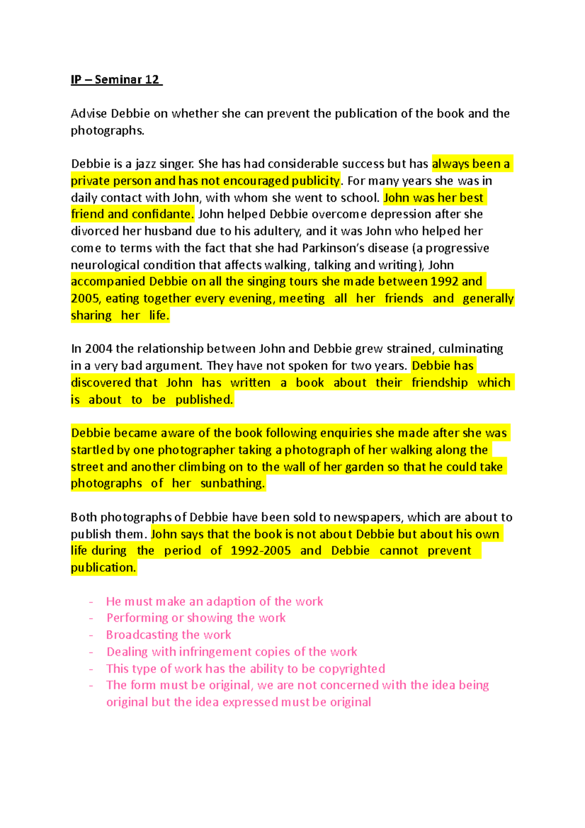 W12 Seminar - Lecture notes 12 - IP – Seminar 12 Advise Debbie on ...