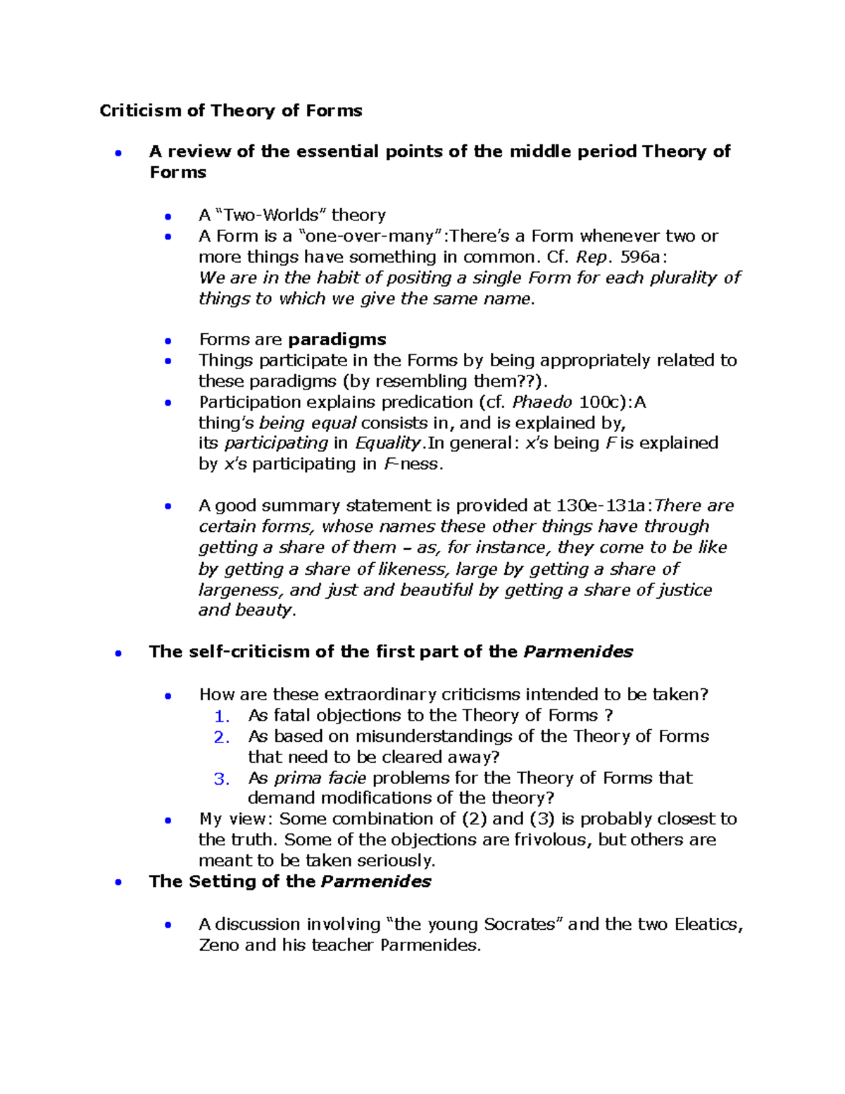 Phil 27 criticism of forms philosophy class notes Criticism of Theory of Forms A review of