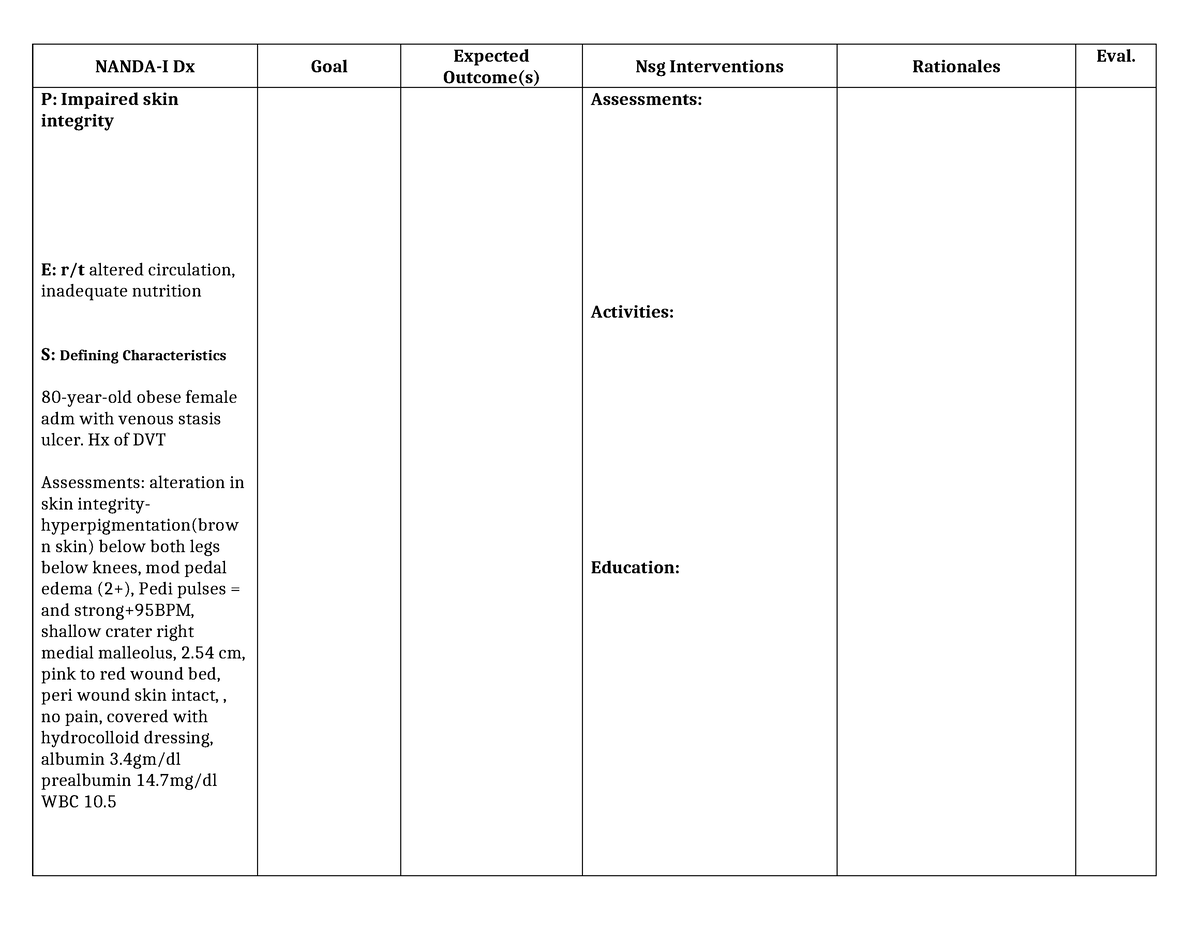 Care Plan Template-3 - bes - NANDA-I Dx Goal Expected Outcome(s) Nsg ...