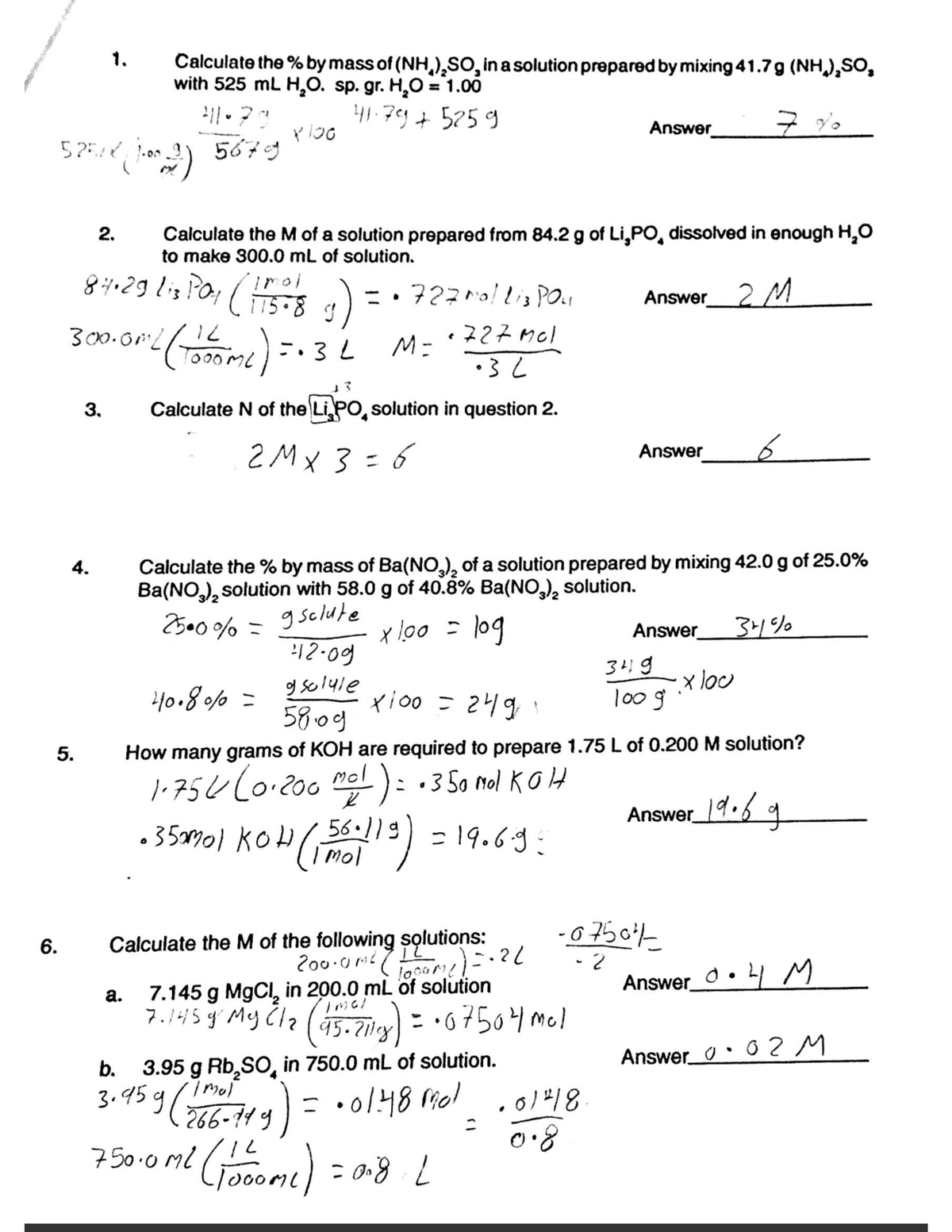 1 - Practice problems for % by mass, Molarity, Normality, and Molality ...