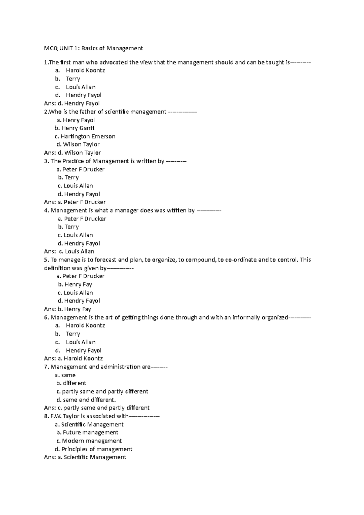 MCQ UNIT 1 And 2 BM - MCQ - MCQ UNIT 1: Basics Of Management 1 First ...