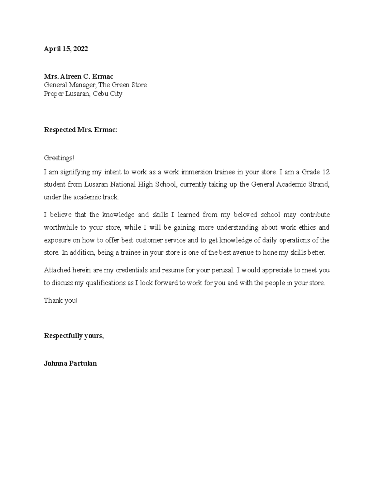 Application letter EXAMPLES - April 15, 2022 Mrs. Aireen C. Ermac ...