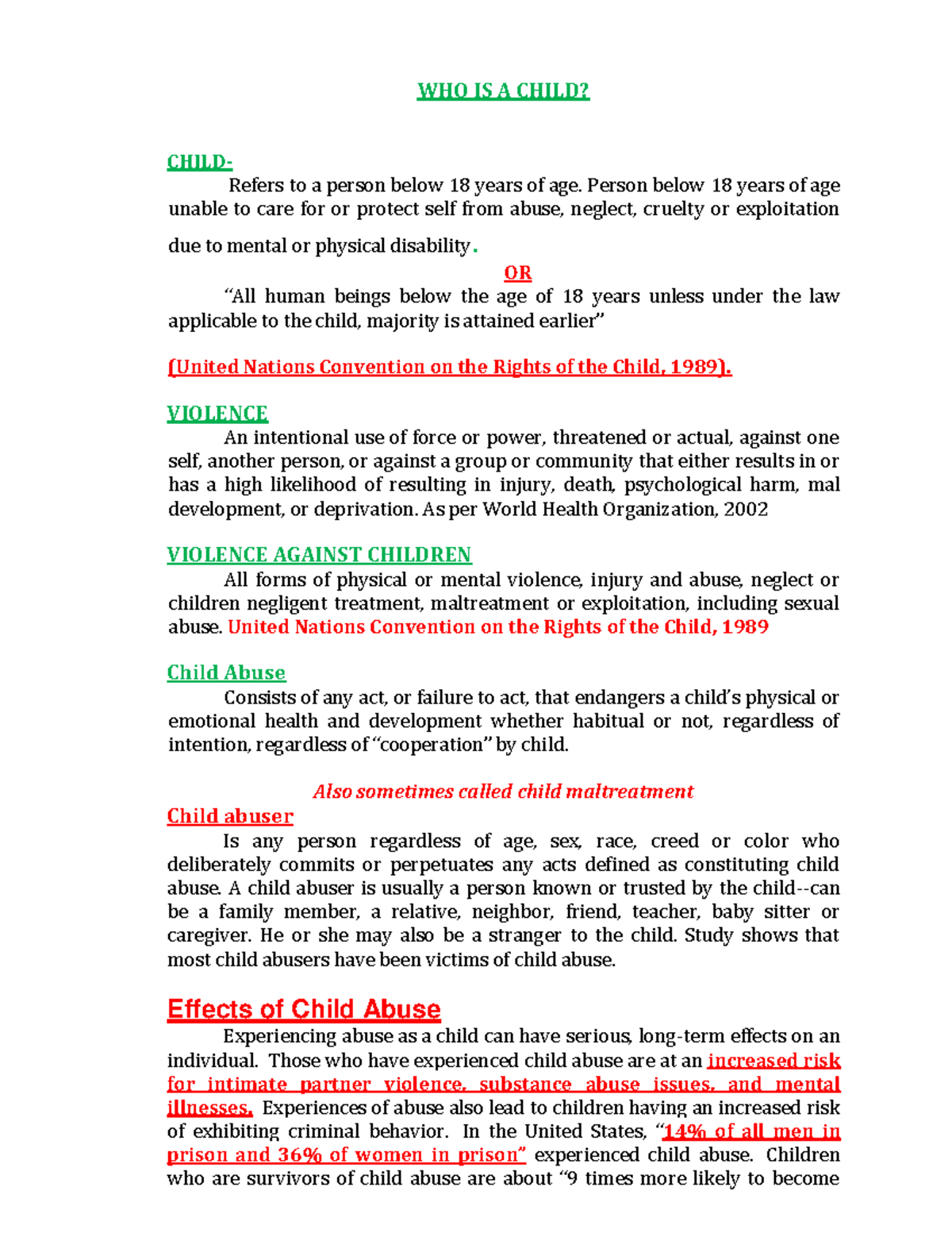 Notes ON HR AND Child Abuse - WHO IS A CHILD? CHILD- Refers to a person ...