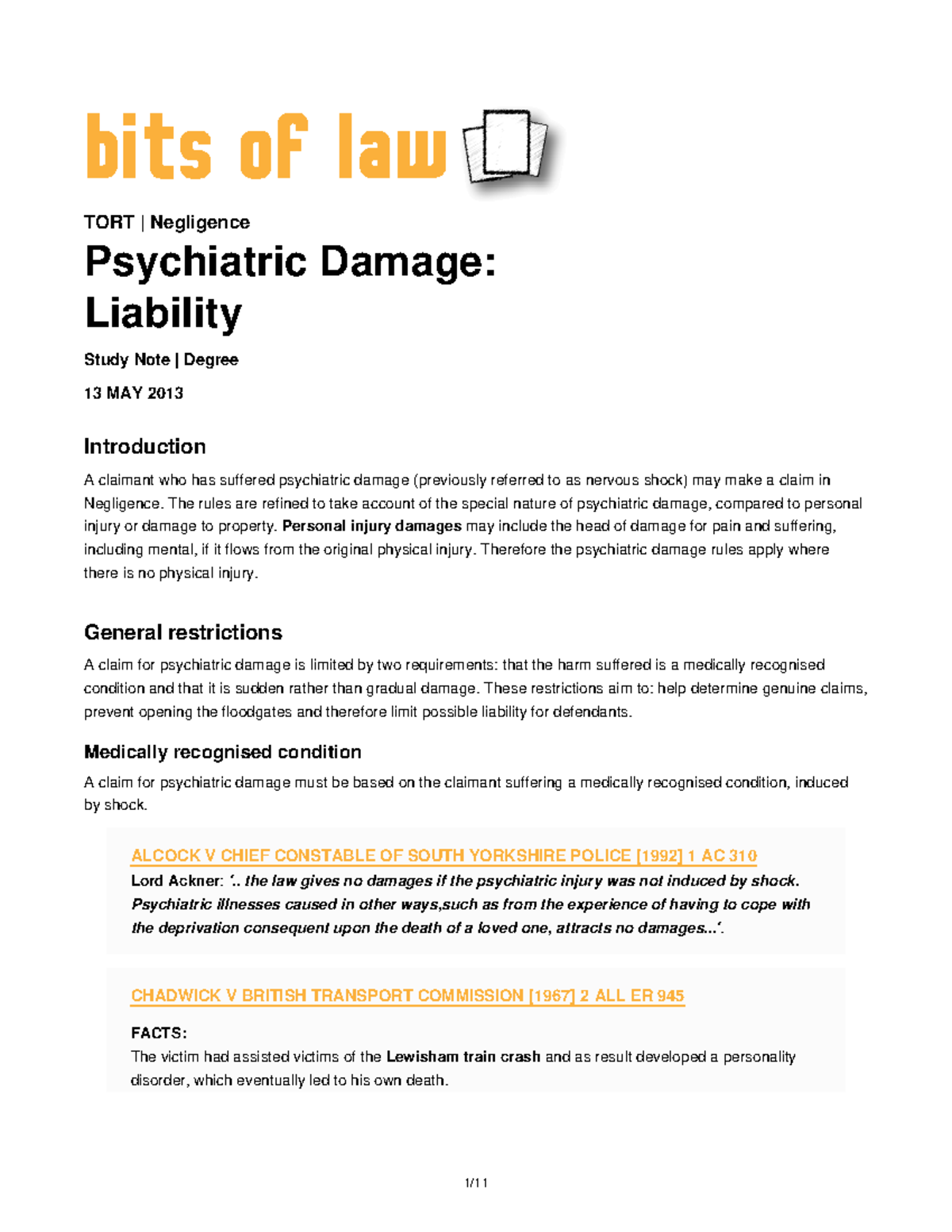 Psychiatric-damage-liability - Bits Of Law TORT | Negligence ...