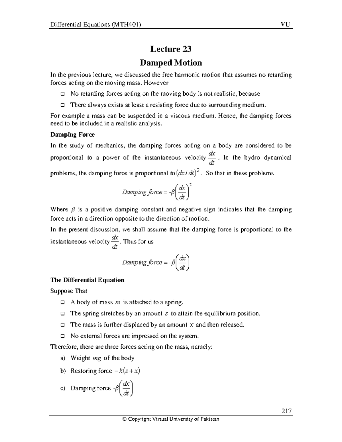 Lecture 23 Differential Equation notes Lecture 23 Damped Motion In