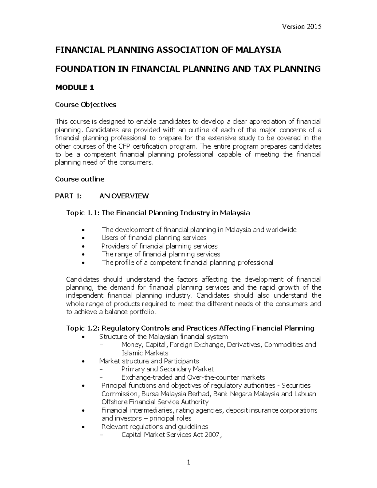Module 1 CFP Outline - FINANCIAL PLANNING ASSOCIATION OF MALAYSIA ...