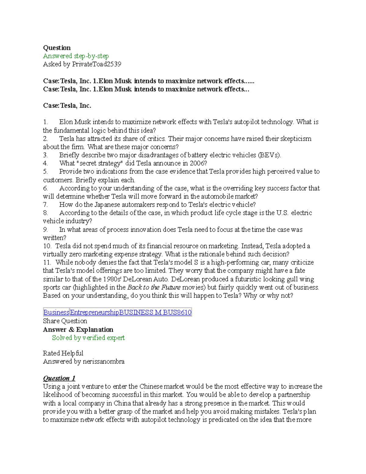Tesla - Question Answered step-by-step Asked by PrivateToad Case:Tesla ...