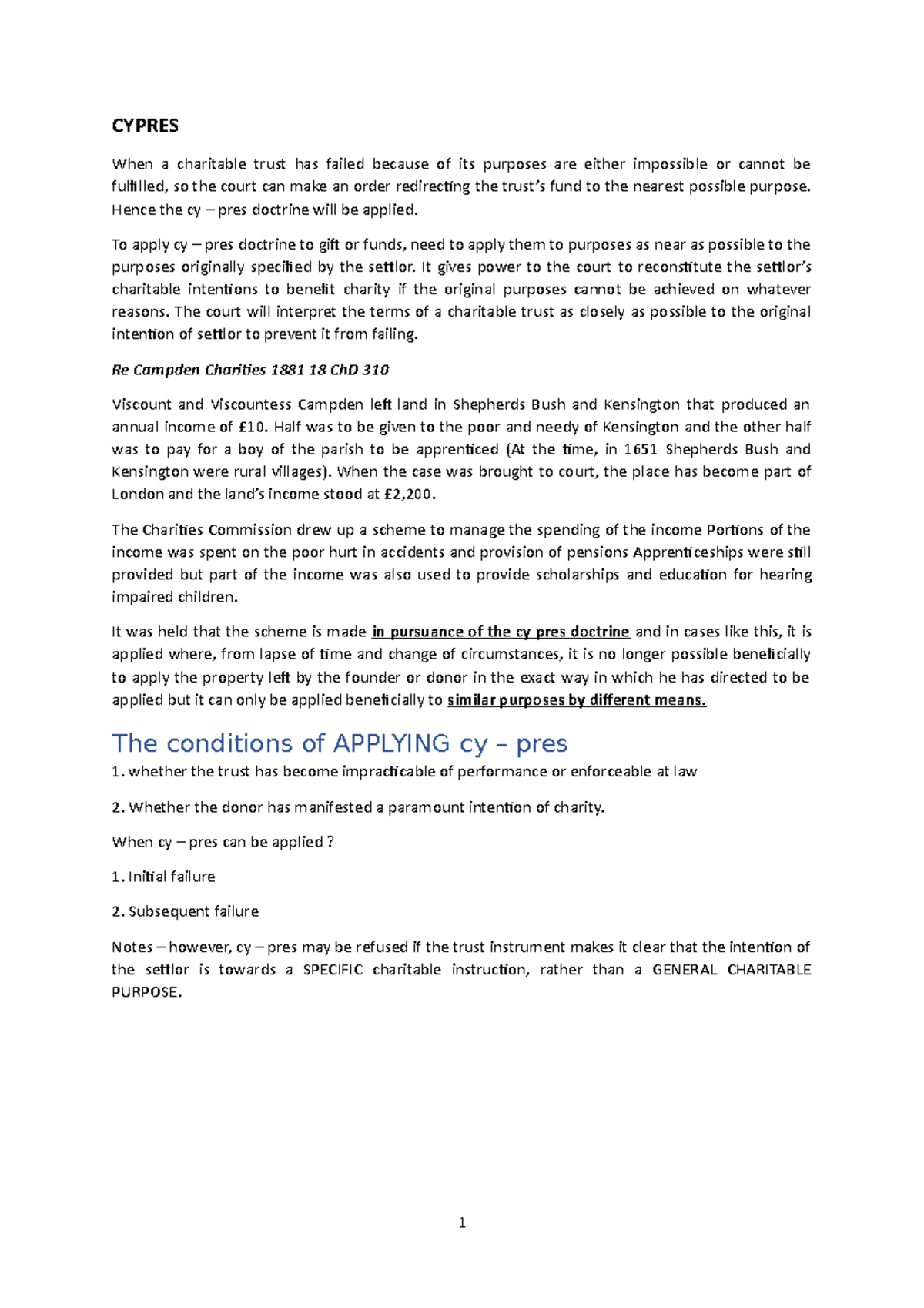 Cy Pres - law of trust - CYPRES When a charitable trust has failed ...