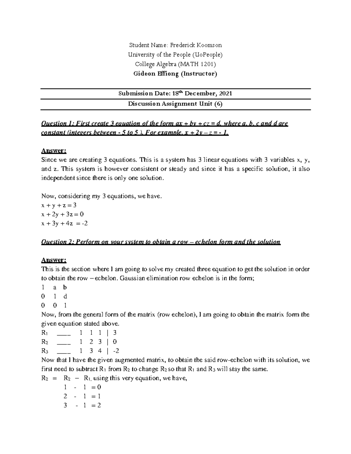 MATH 1201 Unit 6 Discussion Assignment - Student Name: Frederick ...