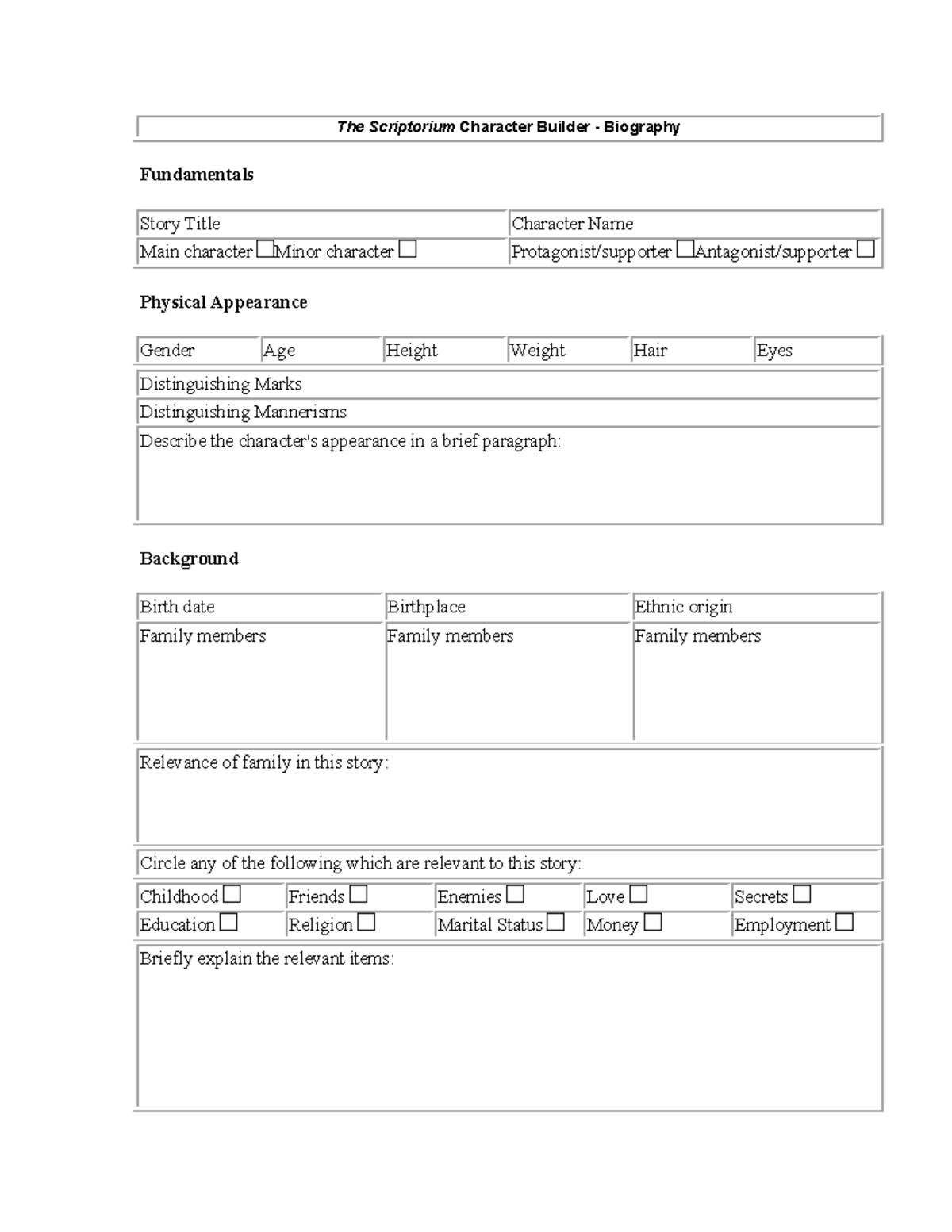 Character Worksheet 2 Character Builder - The Scriptorium Character ...