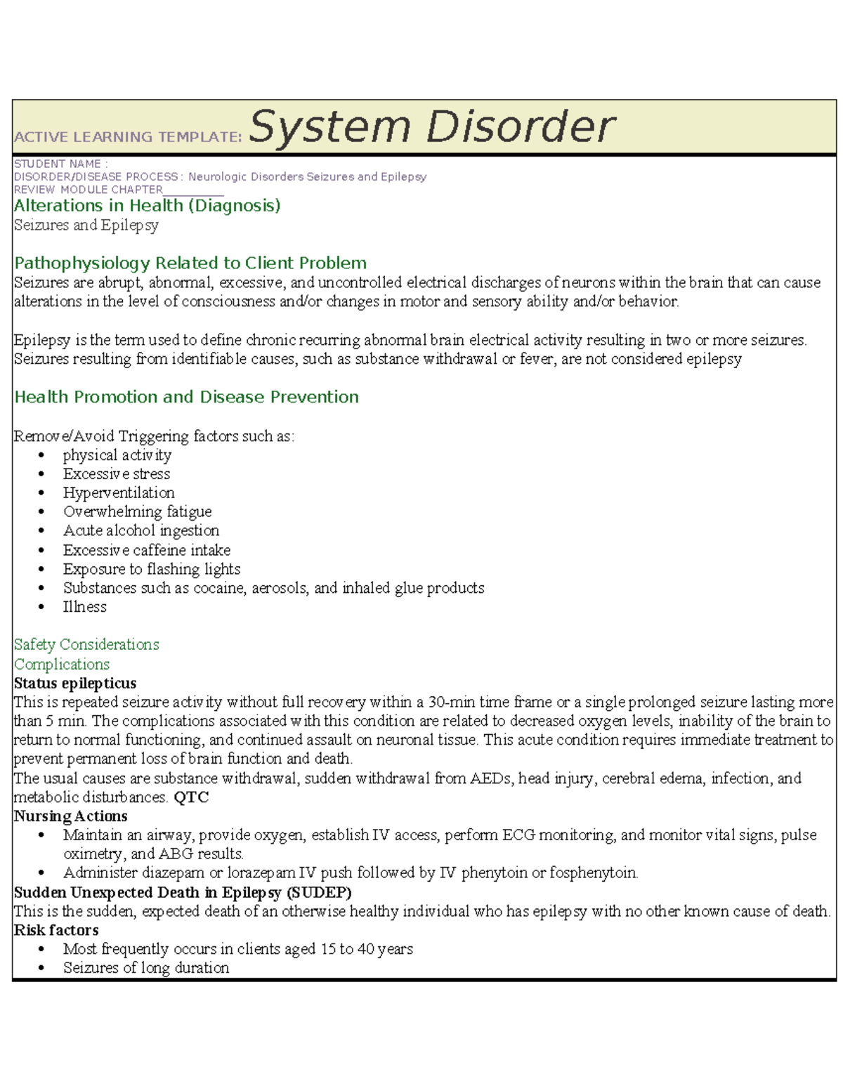 Seizures Seizure precautions ACTIVE LEARNING TEMPLATE System