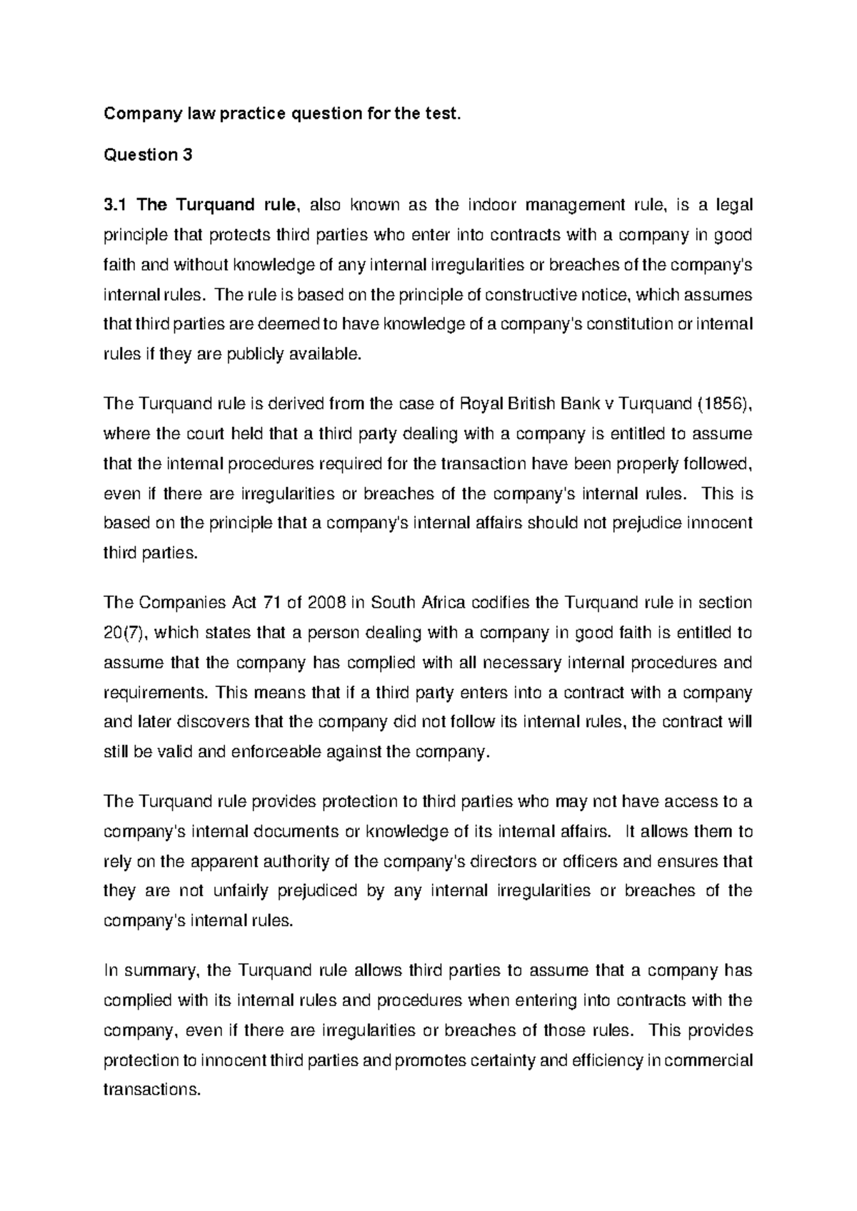Company law practice questions for the test - Question 3 3 The Turquand ...