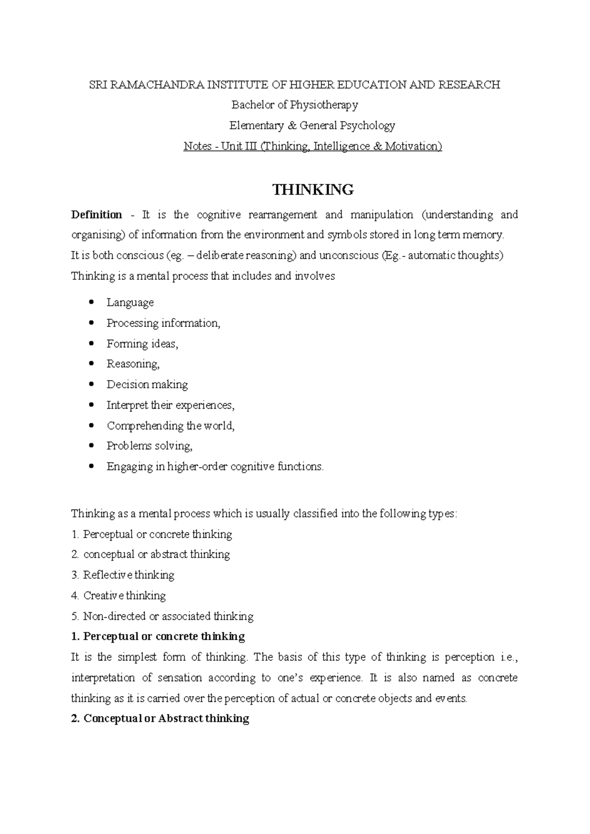 Notes - Unit III - Thinking and Intelligence - SRI RAMACHANDRA ...