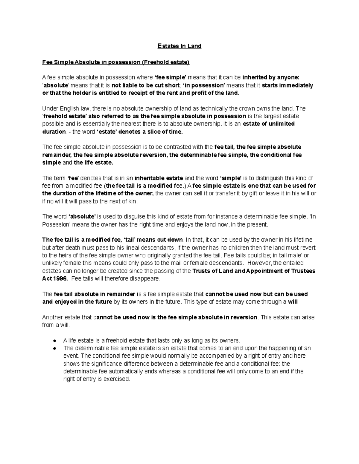 Estates (Fee Simple Absolute, Freehold in commonhold, Life,terms of