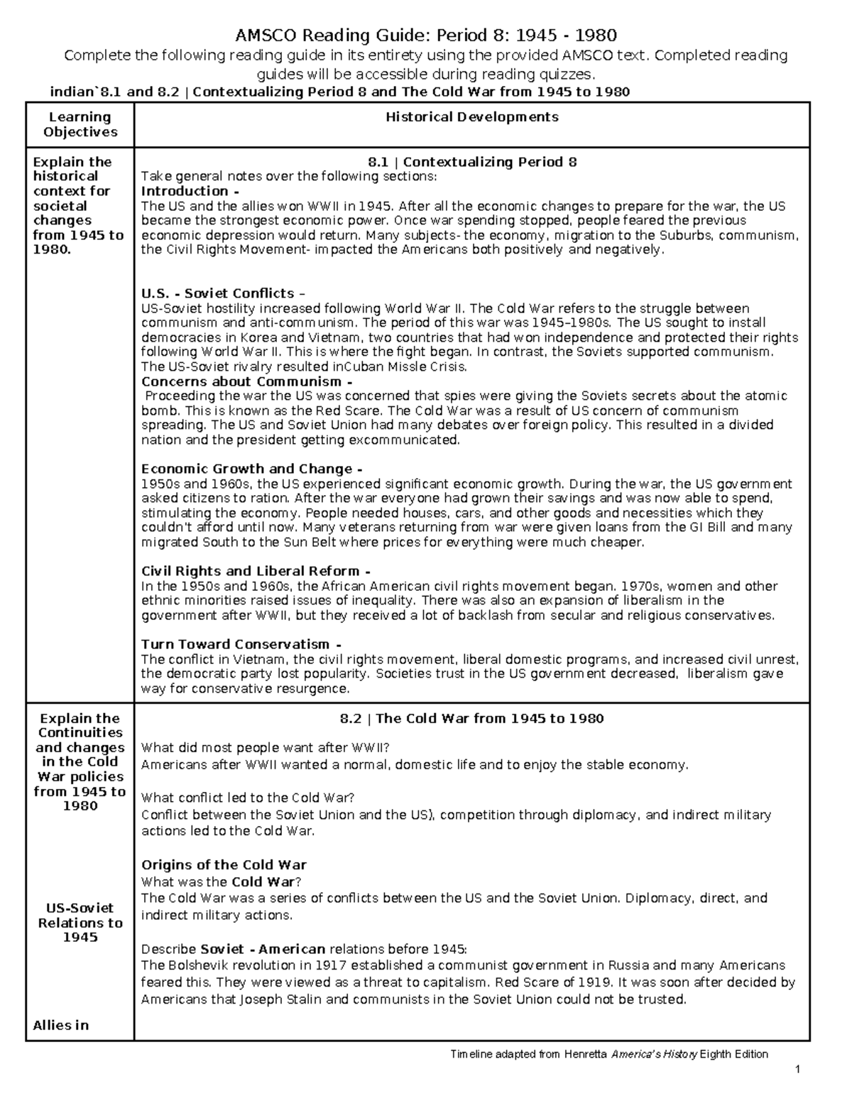 Amsco Reading Guide - AMSCO Reading Guide: Period 8: 1945 - 1980 ...