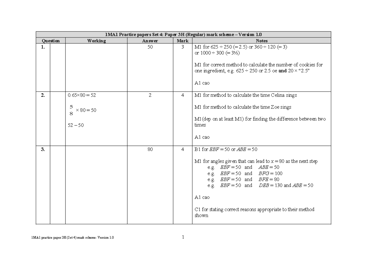 06b Practice test set 4 - Paper 3H mark scheme - Question Working ...