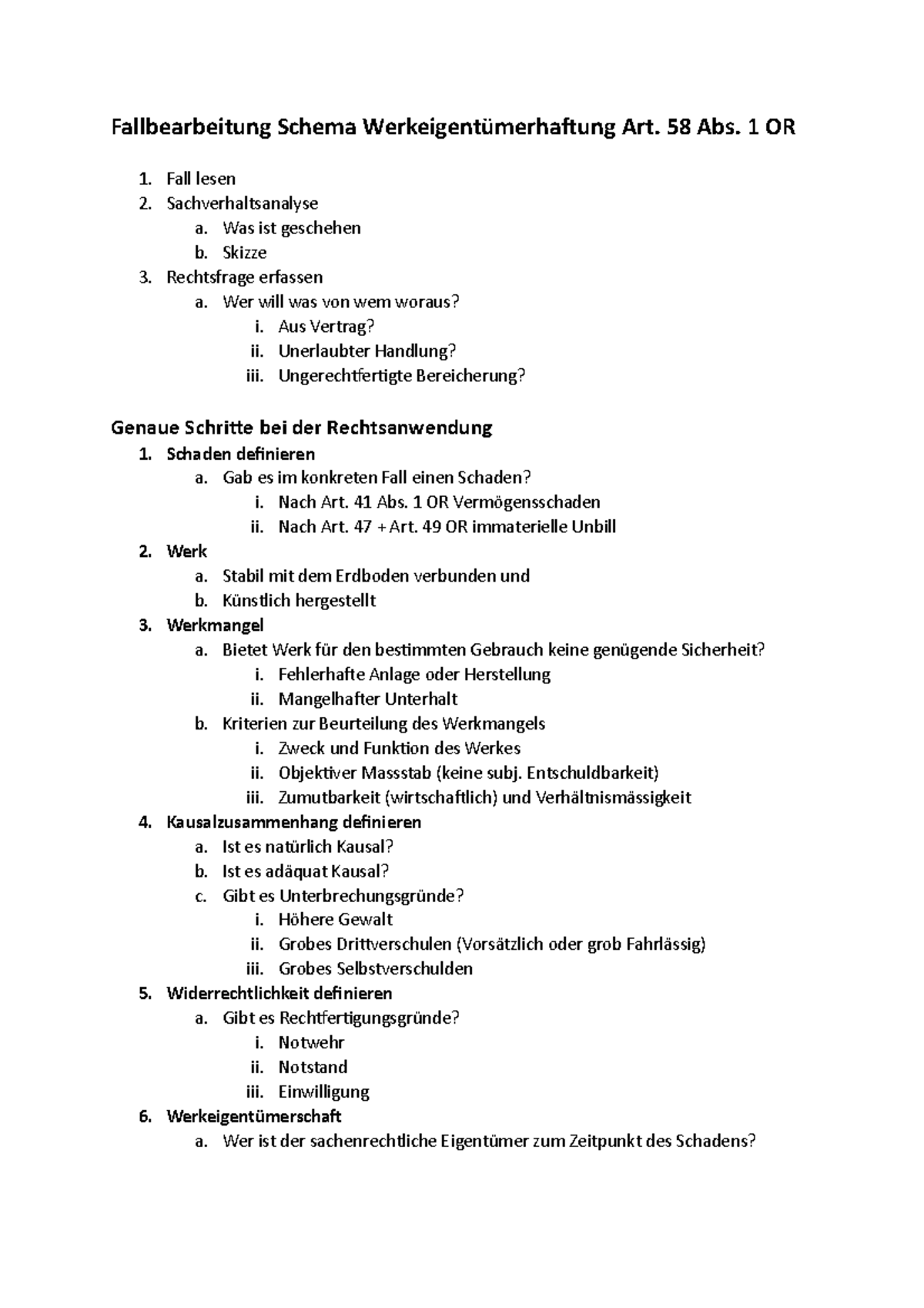 Fallbearbeitung Schema Werkeigentümerhaftung - 58 Abs. 1 OR 1. Fall ...