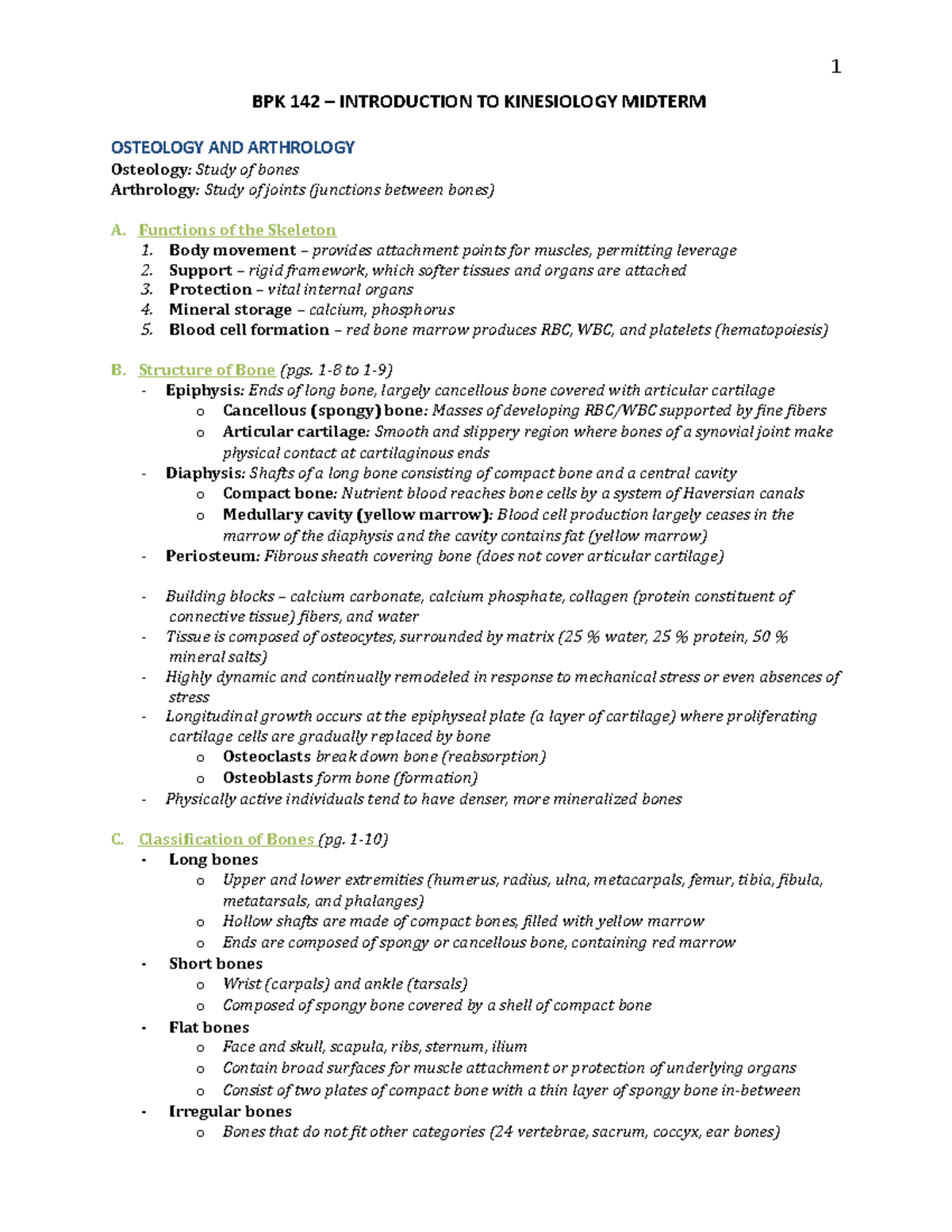 Lecture notes, lectures 1-6 - 1 BPK 142 – INTRODUCTION TO KINESIOLOGY ...
