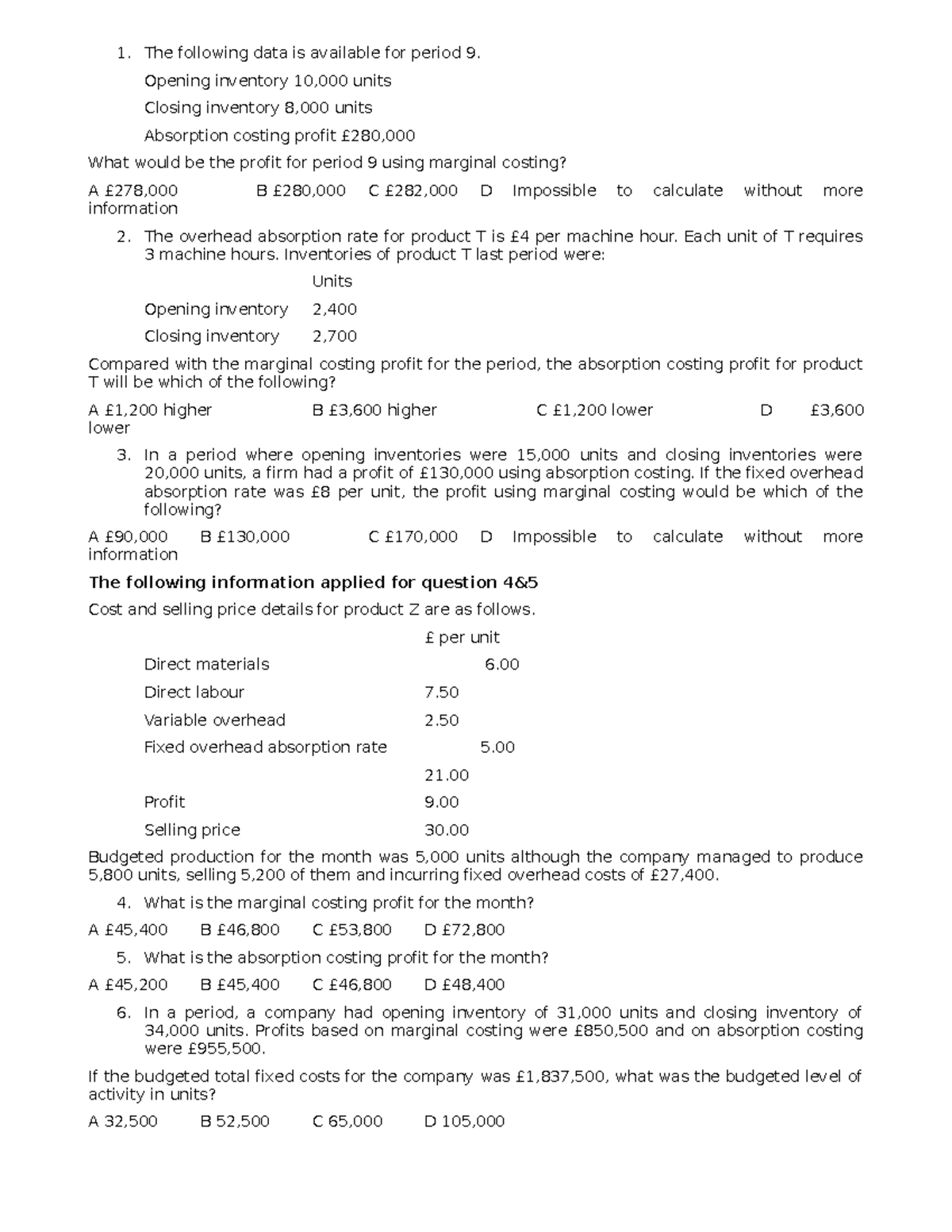 Chapter 4 Marginal costing The following data is available for period