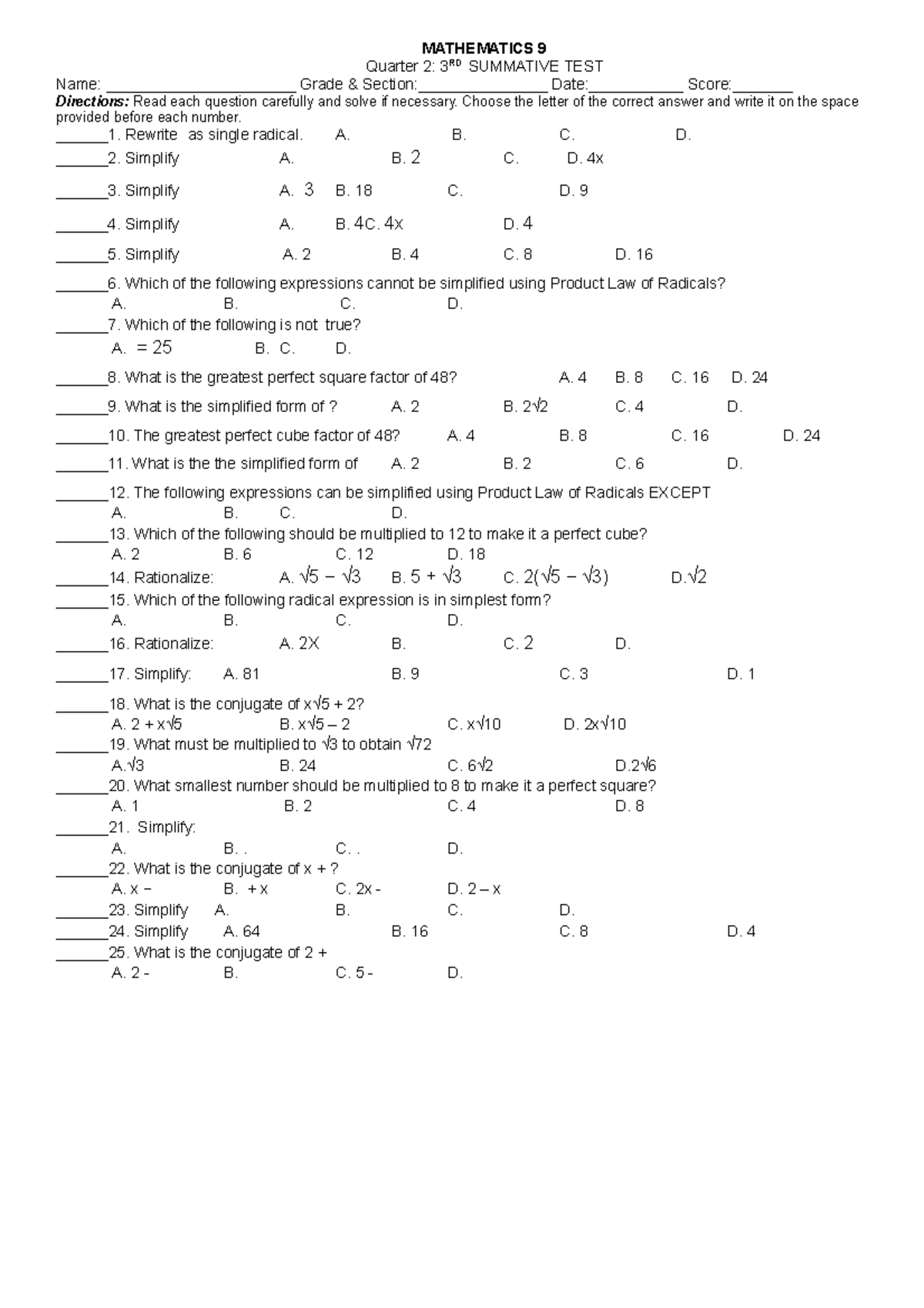 Q2 S3 22 23 - MATH - MATHEMATICS 9 Quarter 2: 3RD SUMMATIVE TEST Name