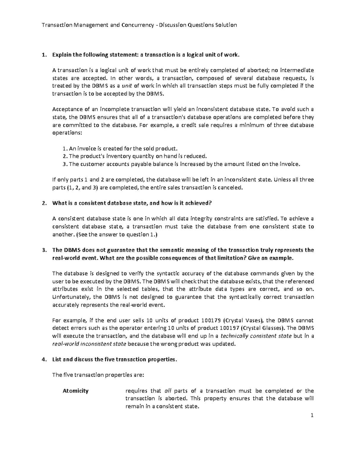 Transaction Management and Concurrency Discussion Questions Solution ...