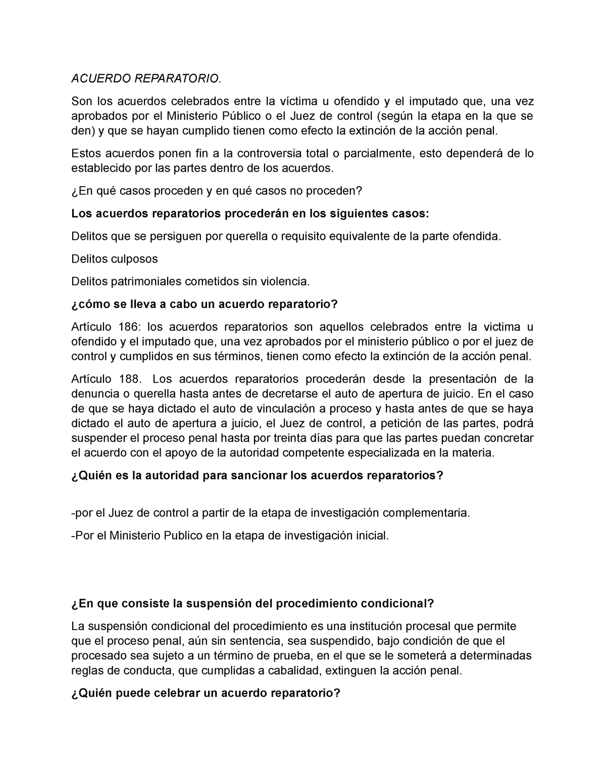 Acuerdo Reparatorio - ACUERDO REPARATORIO. Son los acuerdos celebrados  entre la víctima u ofendido y - Studocu