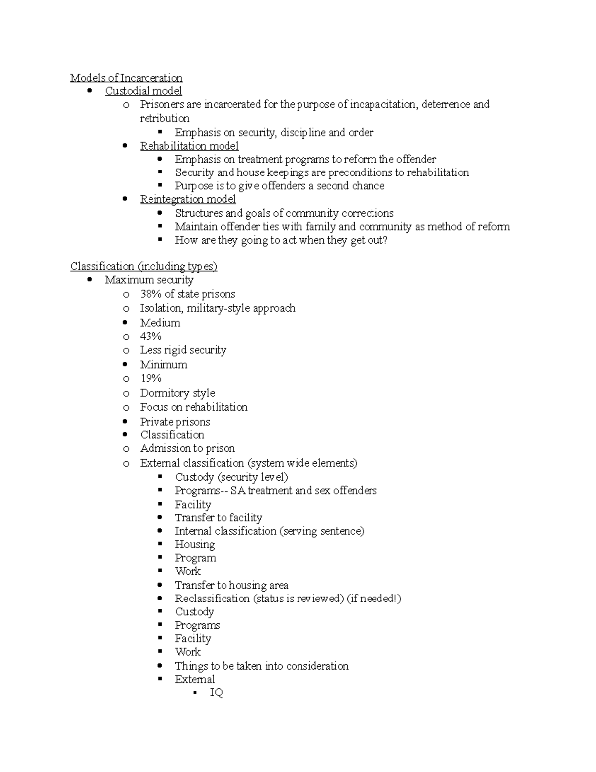 SOCY3250 Final Notes - Models of Incarceration Custodial model o ...