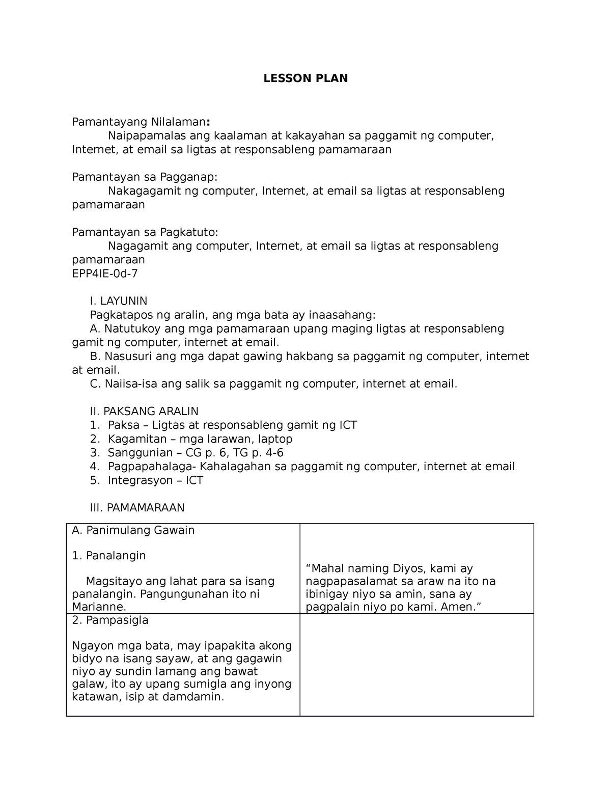 Lesson Plan In Epp Lesson Plan Pamantayang Nilalaman Naipapamalas Ang Kaalaman At Kakayahan 3434