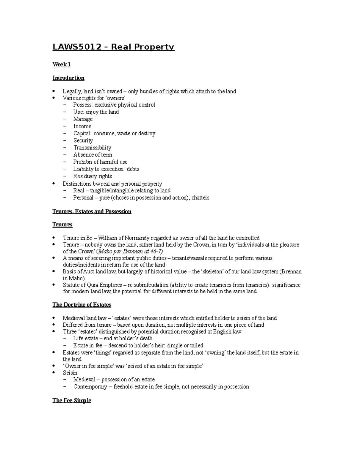 Real Property Summary USYD LAWS5012 LAWS5012 Real Property Week 1