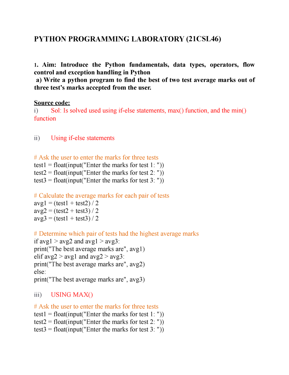 Python 4 Sem Lab Program - PYTHON PROGRAMMING LABORATORY (21CSL46) Aim ...