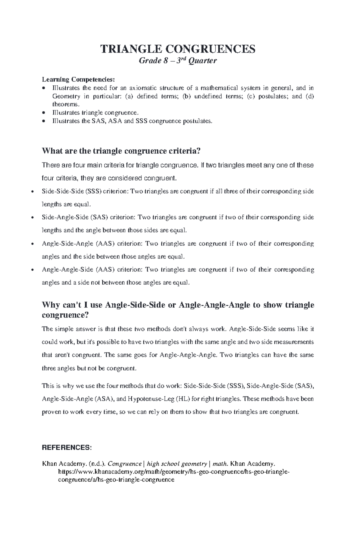 Report ON Triangle Congruences - TRIANGLE CONGRUENCES Grade 8 – 3 rd ...
