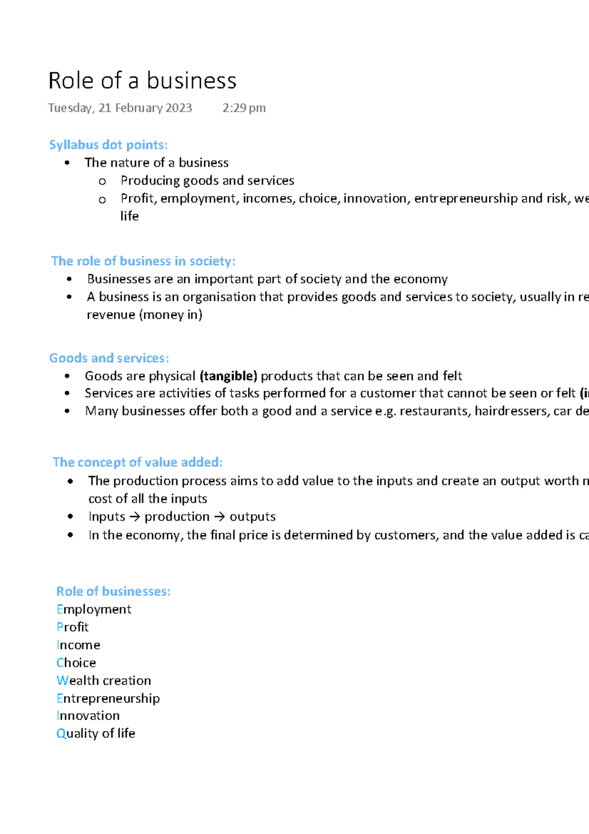 Role of a business - .... - Syllabus dot points: The nature of a ...